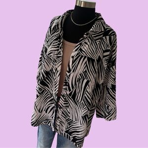 Vintage zebra print crepe button down overshirt black white 3/4 sleeve 1X